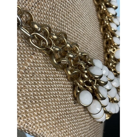 Gold Tone Multi Strand Round White Acrylic Dangling Statement Necklace - Picture 3 of 5